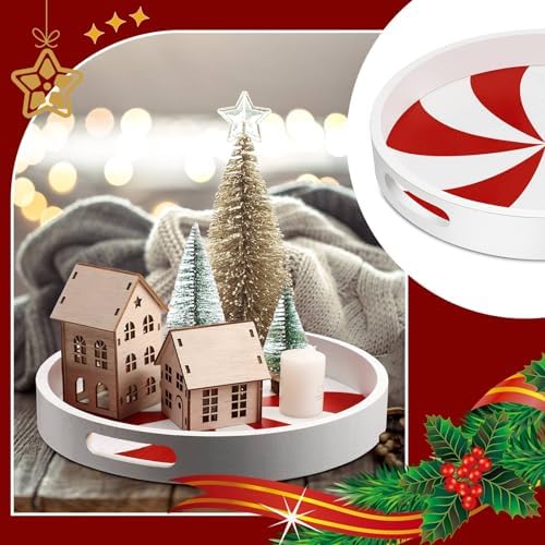Christmas Serving Tray with Handles Xmas Round Wooden, Candy Cane