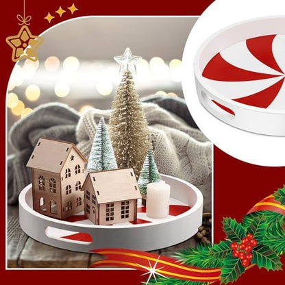 Christmas Serving Tray with Handles Xmas Round Wooden, Candy Cane