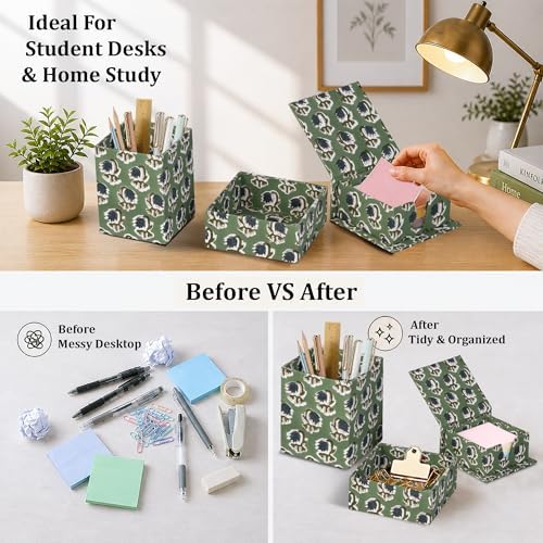 Ridhi Basil Green Block Print Desk Organizer Pen & Notepad Holder