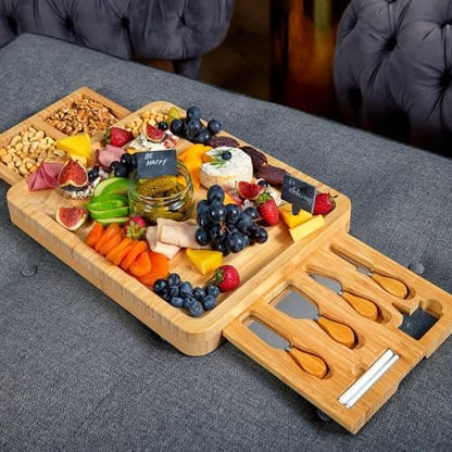 Bamboo Cheese Board and Knife Set with 2 Slide-Out Cutlery Drawers