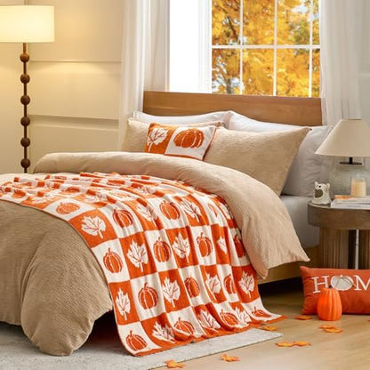 Snuggle Sac Fall Checkered Blanket Orange Pumpkin Maple Leaf Throw