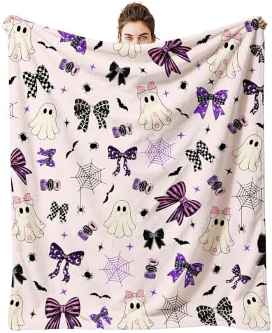 50"x60" Halloween Pink Boo Bow Throw Blanket, Cute Ghost Flannel