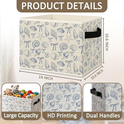 Blue Preppy Beach Seashell Foldable Storage Bins Box with Handles