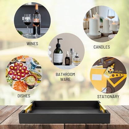 ATZYmolin Leather Serving Tray, Gold Handles Vanity Platter, Black