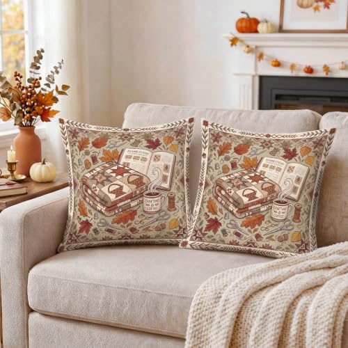 Cozy Autumn Reading Nook Quote Leaves Throw Pillow Covers 22x22 Set of