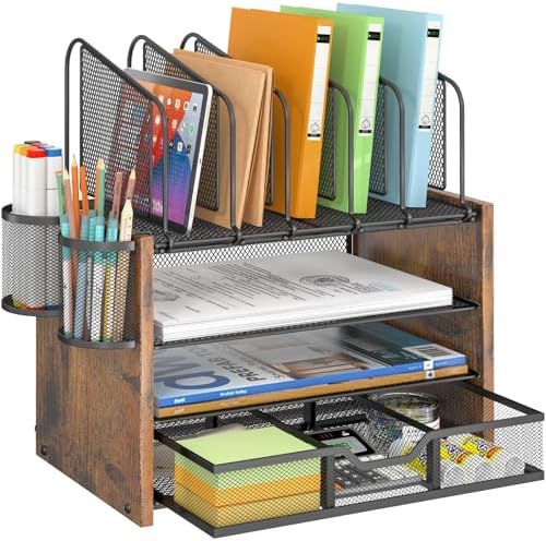 DAOUTIME 4-Tier Mesh Desk Organizer, Wooden Desk File Organizer with 5