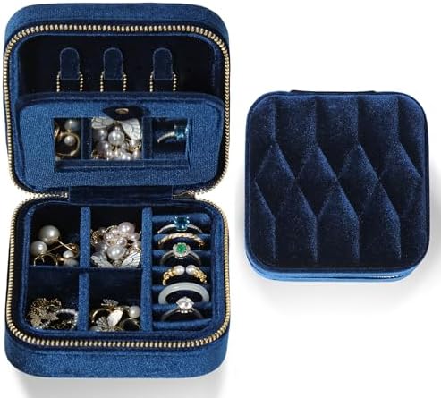 Travel Jewelry Case – Navy Blue Velvet Organizer Adjustable
