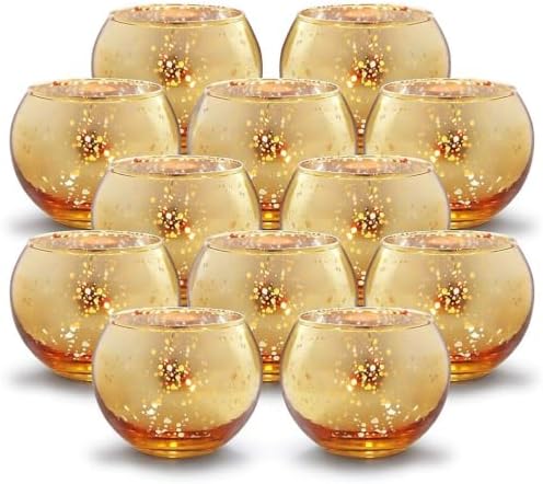 Volens Round Gold Votive Candle Holders, Mercury Glass Votives Set of