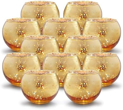 Volens Round Gold Votive Candle Holders, Mercury Glass Votives Set of