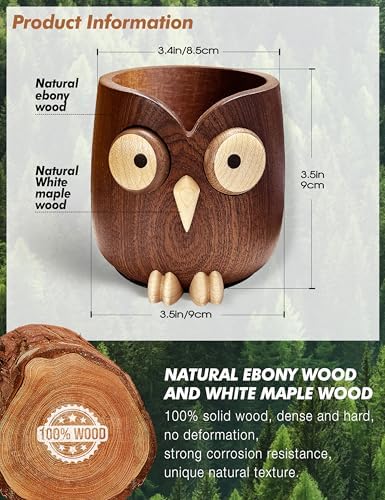 Solid Wood Owl Pen Holder for Desk with Adjustable Expressions, Funny