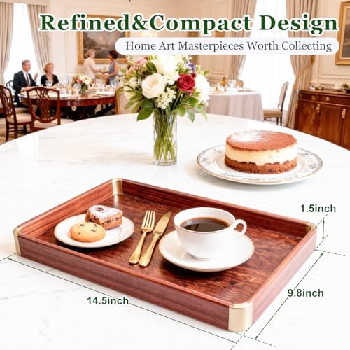 Bubinga Wood Serving Tray, 14.5"x9.8" Decorative Tray with Brass