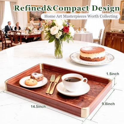 Bubinga Wood Serving Tray, 14.5"x9.8" Decorative Tray with Brass
