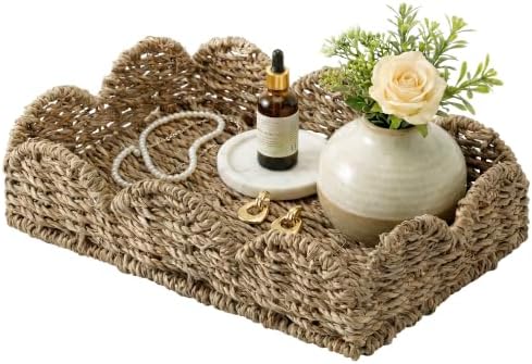 StorageWorks Small Wicker Scalloped Trays, Natural Seagrass Serving