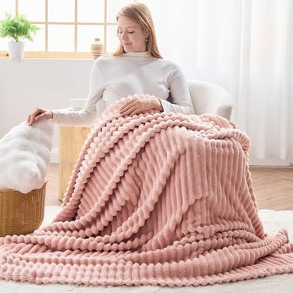 NEWCOSPLAY Fleece Ribbed Cozy Throw Blanket for Couch, Pink, 50"x60"