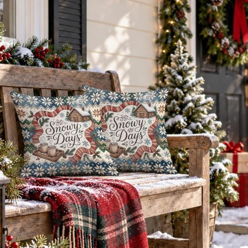 Winter Cabin Snowy Days Quote Christmas Throw Pillow Covers 14x14 Set