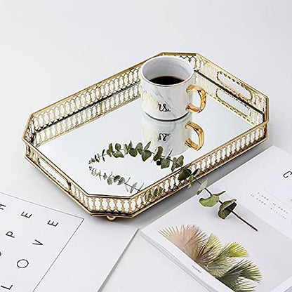 CNCEST Vintage Gold Mirror Tray - Rectangular Decorative Tray for