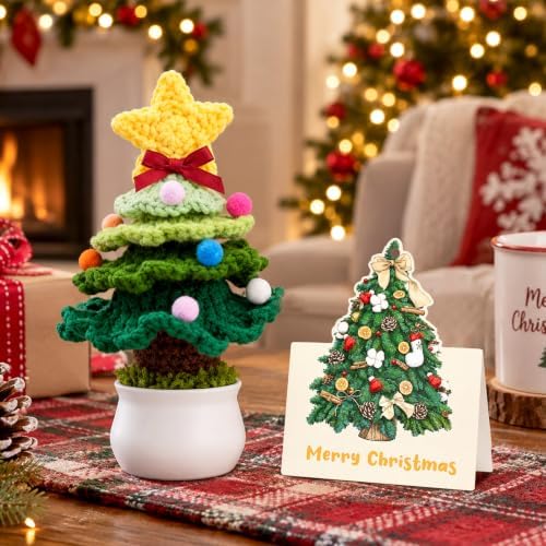 Soaoo 6 Sets Crochet Christmas Tree Gifts with Merry Christmas Cards