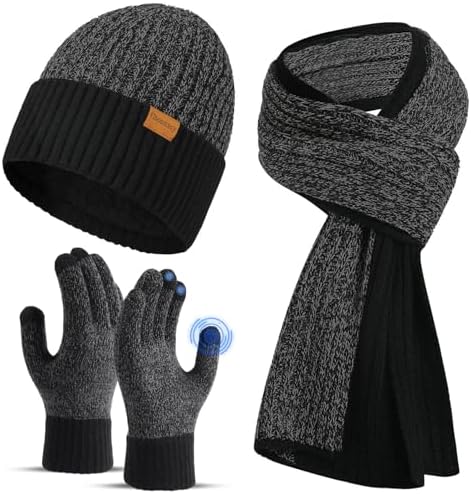 floconssy Men's Winter Hat Scarf Gloves Set of 3, Knit Thermal Combo