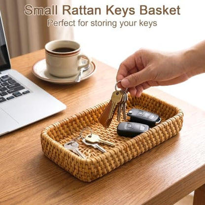 Rattan Serving Tray for Keys, Natural Small Wicker Tray Small Remote