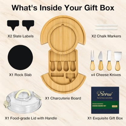 Charcuterie Board Set with Lid Round, Portable Bamboo Cheese Board