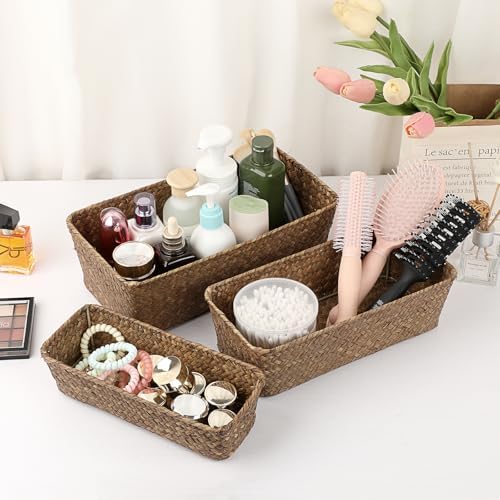 3 Natural Wicker Basket Set Rectangular Handwoven Seagrass Basket