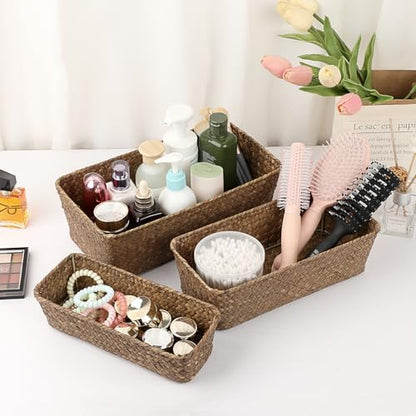 3 Natural Wicker Basket Set Rectangular Handwoven Seagrass Basket