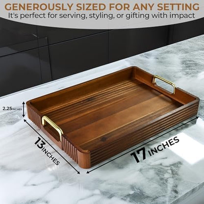 Acacia Wood Serving Tray with Metal Handle, 17x13in Tray for Ottoman