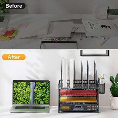 Marbrasse Desk Organizers, 4-Tier Mesh Desk File Organizer with 5