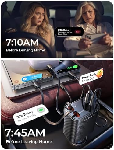 LISEN Retractable Car Charger, 84W Car Charger USB C Fast Charger