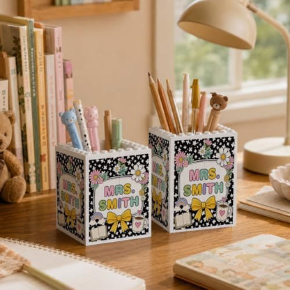 Personalized Pen Holder for Desk, Floral Building Blocks Gifts for