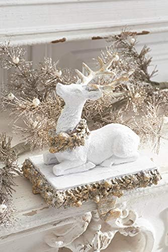 8 Inch White and Gold Glittered Sitting Reindeer Stocking Holder
