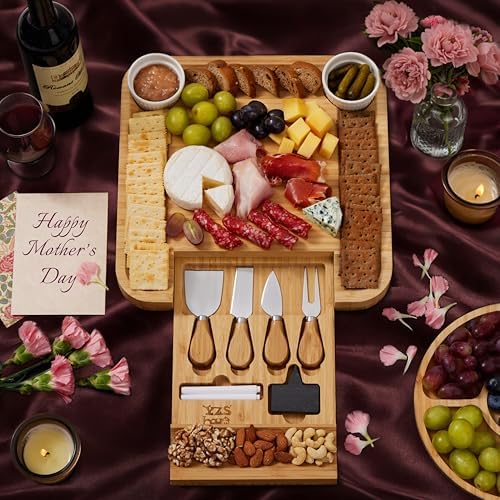YZS Bamboo Charcuterie Board Set with 4 Cheese Knives, 13 Inch