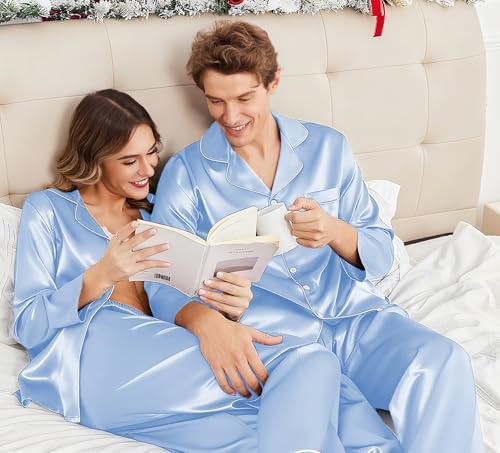 Ekouaer Couples Matching Pajamas Silk Long Sleeve Sleepwear Satin Pjs