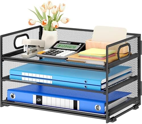 Subekyu 3 Tier Paper Letter Tray Organizer for Desk, Black Metal Mesh