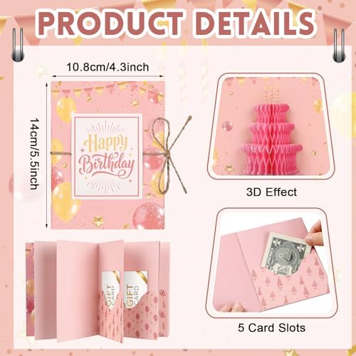 Happy Birthday Gift Card Book, Pink and Yellow Balloons, 5.5 Inch, 5
