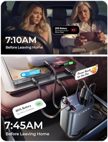 LISEN Retractable Car Charger, 84W Car Charger USB C Fast Charge, 4 in