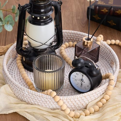 Round Rattan Serving Tray,Hand-Woven Tray with Handles, Ottoman