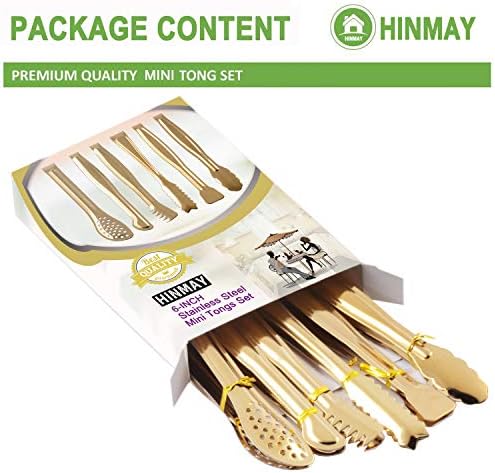 HINMAY Gold Plated Mini Serving Tongs Set 6-Inch Appetizers Tongs, Set