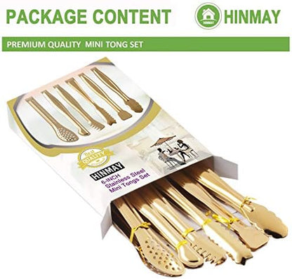 HINMAY Gold Plated Mini Serving Tongs Set 6-Inch Appetizers Tongs, Set