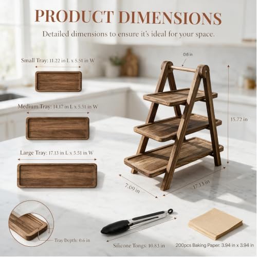 3 Tier Serving Tray Wood Tiered Cupcake Stand, Large Collapsible Food