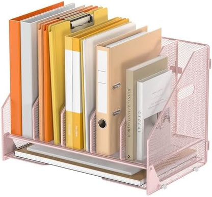 5 Vertical Mesh Desk Organizer with Paper Letter Tray, Pink