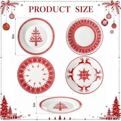 Rtteri 4 Pcs Red Christmas Ceramic Plates 9 Inch Salad Dish Serving