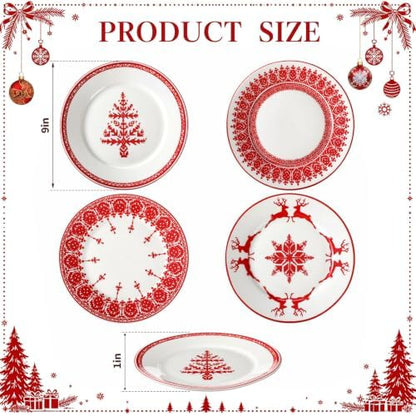 Rtteri 4 Pcs Red Christmas Ceramic Plates 9 Inch Salad Dish Serving