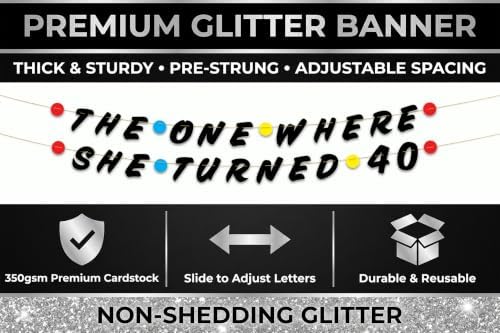 Pre-Strung Friends Themed 40th Birthday Black Glitter Banner - 40th