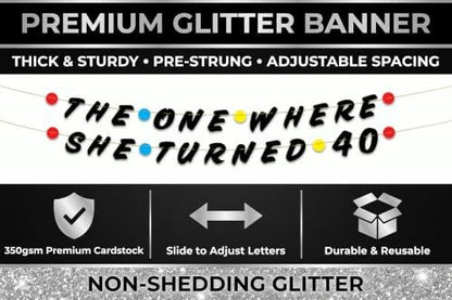 Pre-Strung Friends Themed 40th Birthday Black Glitter Banner - 40th