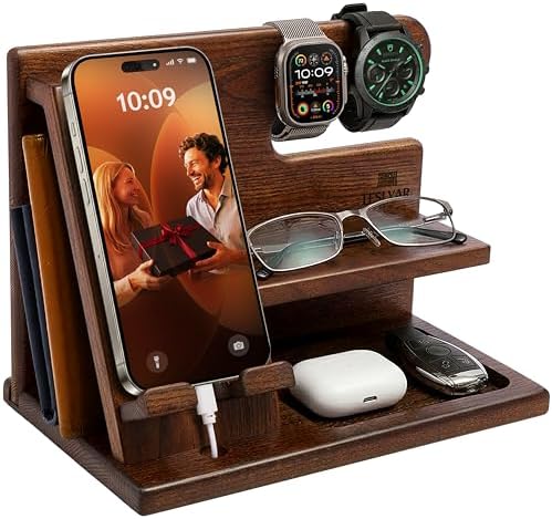 TESLYAR Wood Phone Docking Station for Men - Desktop or Nightstand