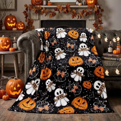 Horaldaily Halloween Black Pumpkin Ghost Cat Flannel Throw Blanket