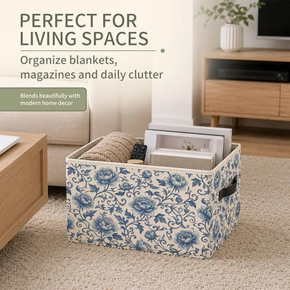 Chinoiserie Floral Storage Bins with Handles, Vintage Blue and White