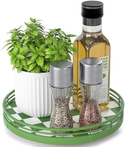 Green and White Checkerboard Lazy Susan with Rubberwood Base and Metal