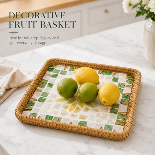Shell Inlay Rattan Tray, 8.66 in Square Entryway Key Basket (Yellow)